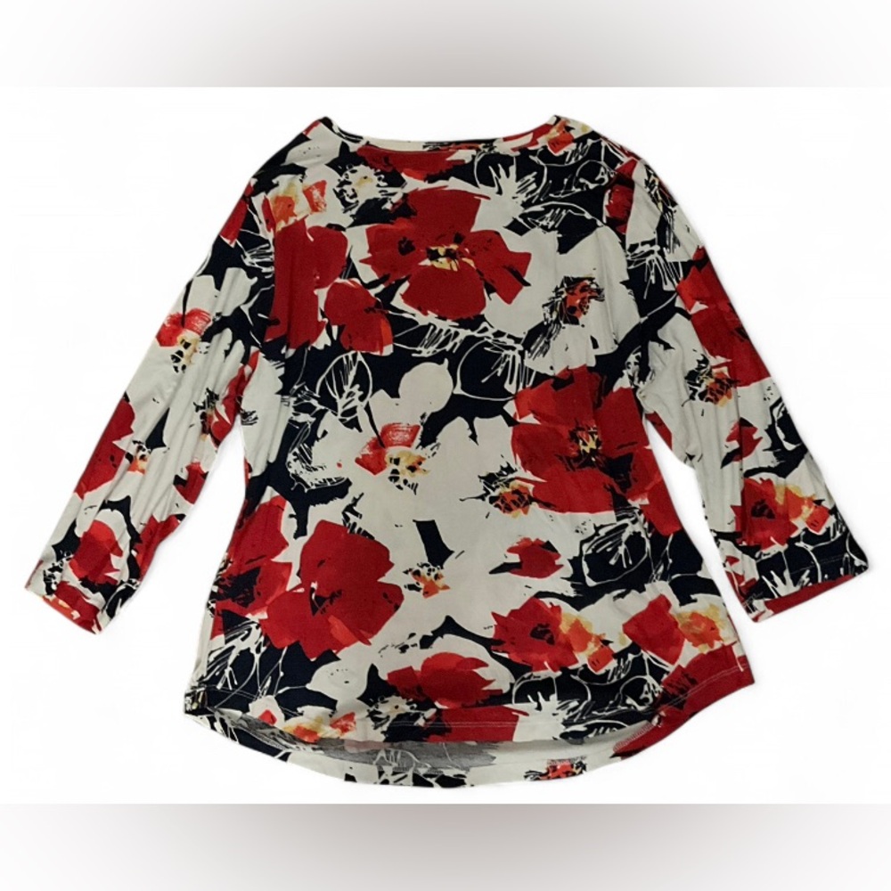 Coldwater Creek Red & White Floral Long Sleeve Blouse Women’s Size Large
